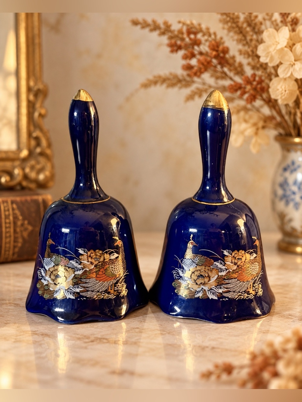 Cobalt Blue Peacock Floral Porcelain Bell Pair